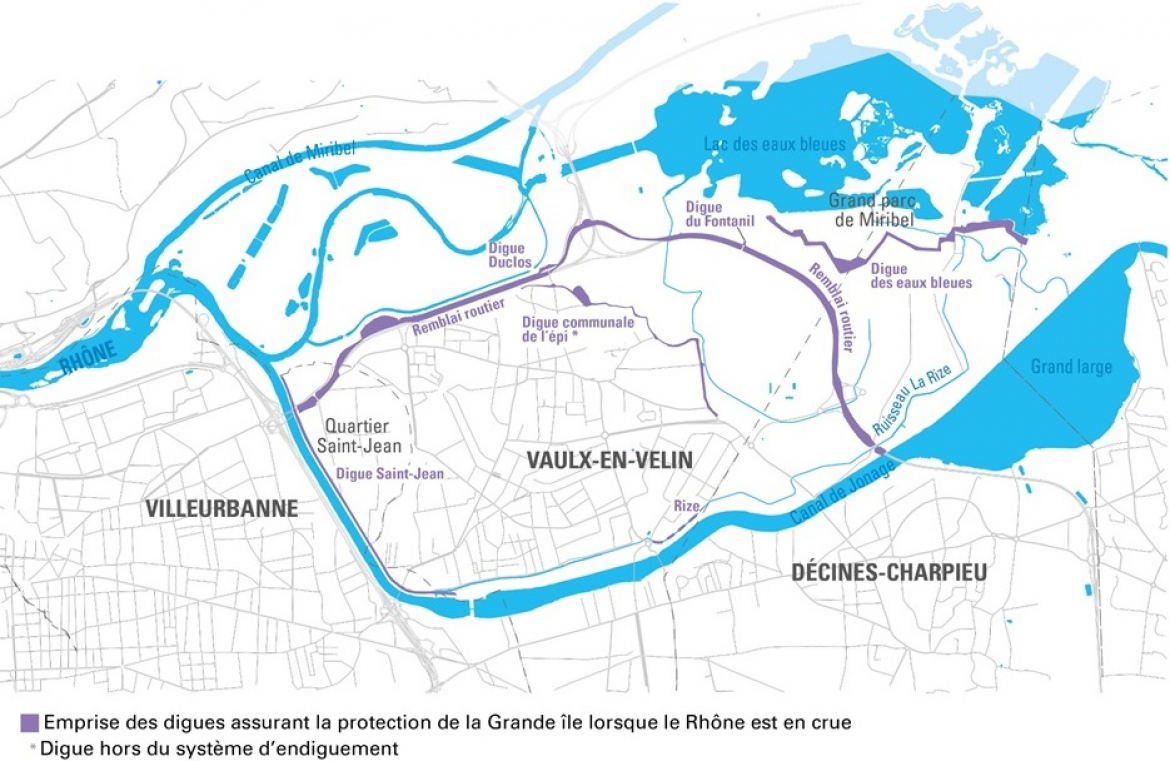 Les emplacements des digues qui protègent Villeurbanne Saint-Jean et Vaulx-en-Velin.