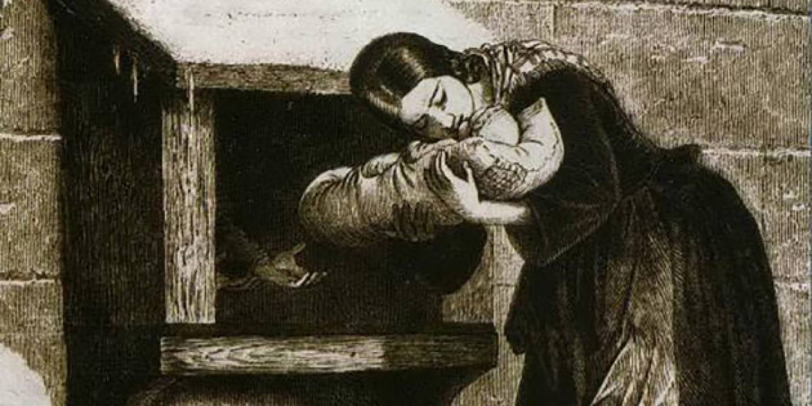 Gravure du 19e siècle représentant l'abandon d'un nouveau-né dans une tour. Artiste inconnu.