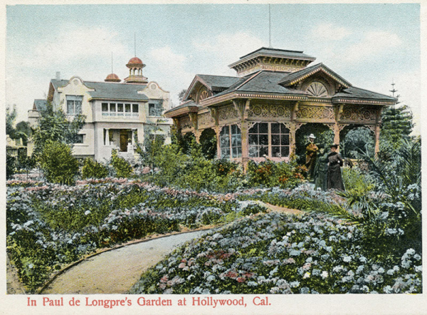 La maison entourée de jardins de Paul de Longpré, sur Hollywood Boulevard, détruite en 1927. (©image-archeology.com)