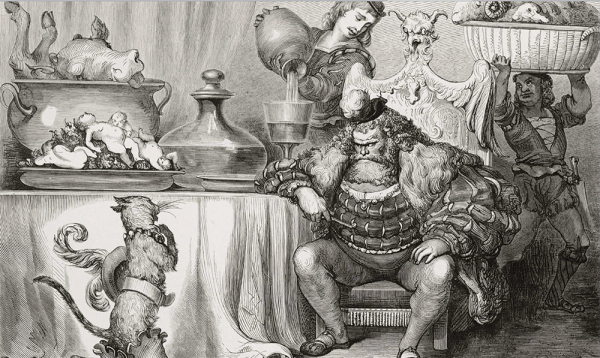 « L'Ogre le reçut aussi civilement que le peut un ogre. » Le Maitre Chat ou Le Chat botté. Dessin de Gustave Doré, gravure sur bois d'Adolphe Pannemaker.