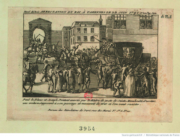 L'arrestation du roi à Varennes, gravure du XVIIIe siècle